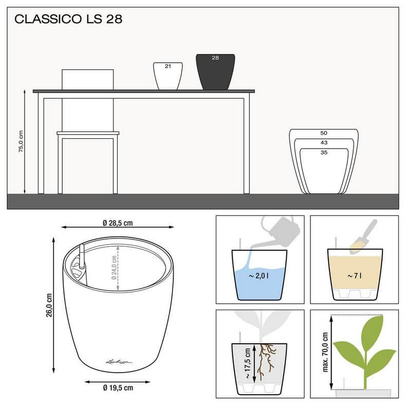 Размеры Lechuza Classico LS 28 Серо-коричневый